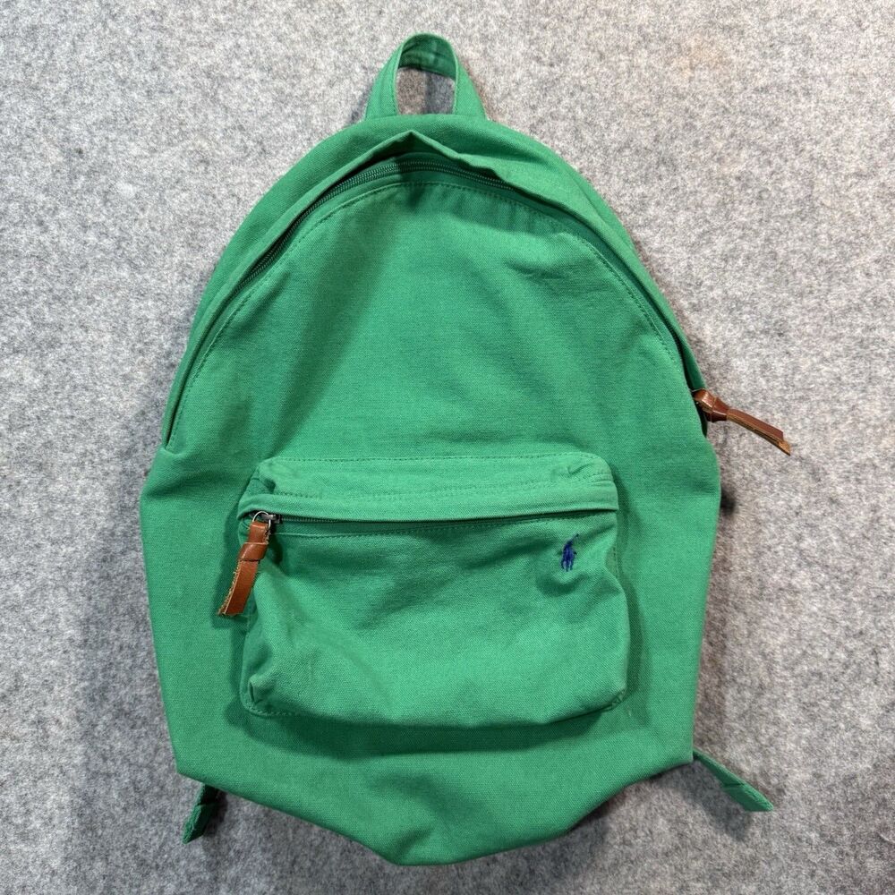 Polo Ralph Lauren Green Canvas Backpack Leather Zipper Pulls Pony Logo One Size